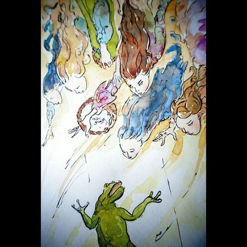 photo of the part of the illustration in ink and watercolor, a frog standing upward and colorful women flying towards it from above