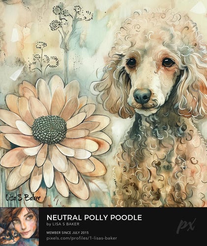 A curly-haired poodle is presented in a whimsical style, with soft colors and emotional expression. The dog is juxtaposed with a large daisy-like flower, both set against a faded, dreamy background featuring subtle floral elements.
