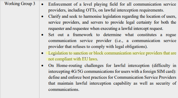 Suggestion from the Going Dark HLG to adopt legislation to sanction or block communication service providers that are not compliant with EU laws