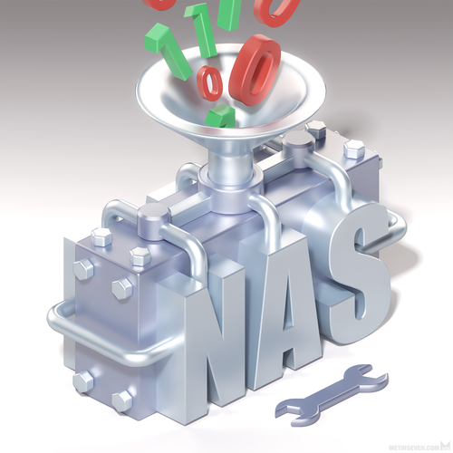 Stylized 3D illustration, showing an imaginary NAS device, existing of large metallic "NAS" letters and some mechanical parts. On top is a funnel where data is entering the device in the shape of zeros and ones.