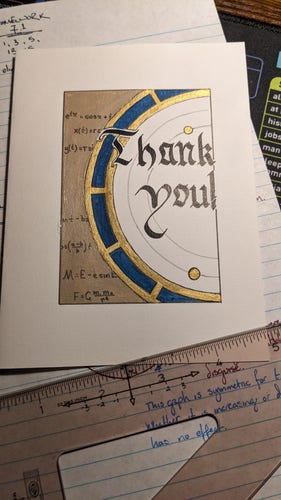 A hand-lettered thank you card, with black letters on a colored background filled with equations.