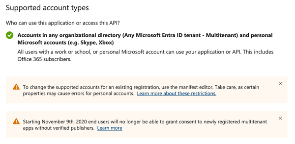 An error in the Microsoft Entry Admin Center that says that “Starting November 9th, 2020 end users will no longer be able to grant consent to newly registered multitenant apps without verified publishers.“