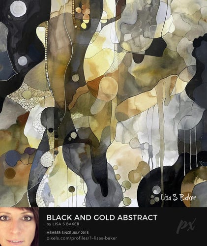 A blend of black, gold, and beige shapes creates an abstract composition with various organic forms and circular motifs. Dripping paint and what appears to be gathered textures add depth and complexity to the piece, invoking a sense of fluidity and motion.