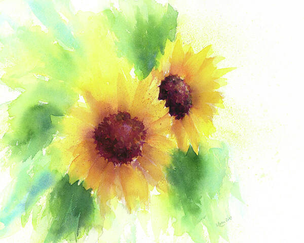 Two sunflowers is a watercolor painting in landscape format painted by artist Karen Kaspar. It shows two  sunflower blossoms in vibrant shades of yellow and orange framed by green leaves on a wihte background. 