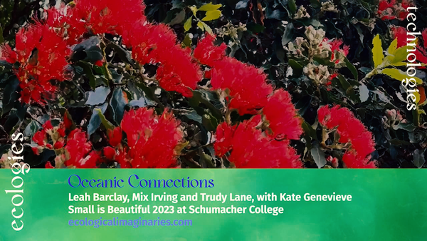 title card for the talk - green title card with red pōhutukawa 
blossom photo.

ecologies, technologies - Oceanic Connections - Leah Barclay, Mix Irving, Trudy Lane, with Kate Genevieve. Small is Beautiful 2023 at Schumacher College ecologicalimaginaries.com