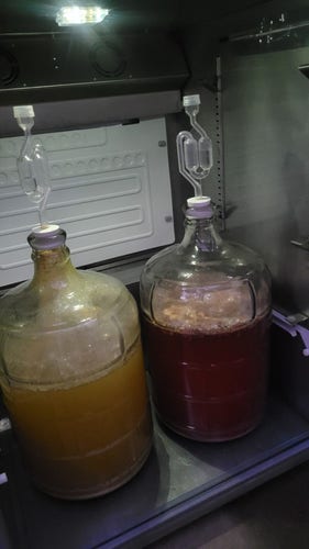 Two bubbling containers of mead