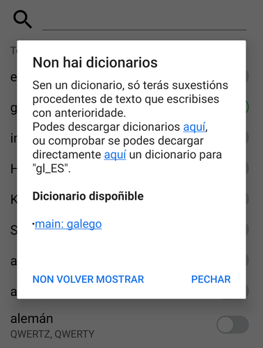 captura de pantalla de Heliboard onde di que non hai dicionarios e convídanos a instalar o dicionario galego premendo nunha ligazón ao repositorio en Codeberg