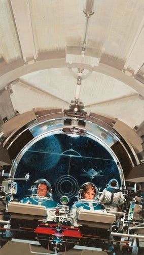 Two pilots in a spacecraft surrounded by instruments. Spaceship in the view window. 
