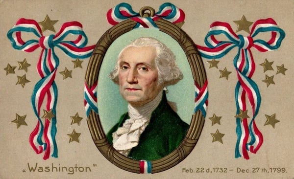 portrait of Washington surrounded by gold stars and red, white and blue bunting 