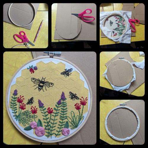 A set of 6 images. The largest one shows a finished embroidery featuring bees, flowers, and honeycomb in a bamboo hoop. From top left clockwise, the rest illustrate the steps from the post. 

1. Tracing a circle on cardboard using the inner hoop 
2. Cutting the circle 
3. Trimming the corners of the embroidery fabric 
4. Stuffing the fabric into the hoop and putting the cardboard over it. 
5. A second picture showing the fabric now all the way in. 