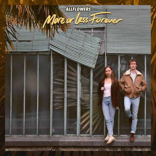 The cover for the Allflowers album More or Less Forever. The two artists stood against a wall of windows.