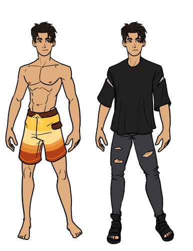 Design drawings of Kyoichi with two maquettes, one with him in swim trunks and one in skinny jeans and an oversized tee