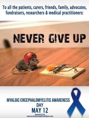 To all the patients, carers, friends, family, advocates,
fundraisers, researchers & medical practitioners:
NEVER GIVE UP
MYALGIC ENCEPHALOMYELITIS AWARENESS DAY
MAY 12
www.may12.org
www.constantfuckingshit.wordpress.com