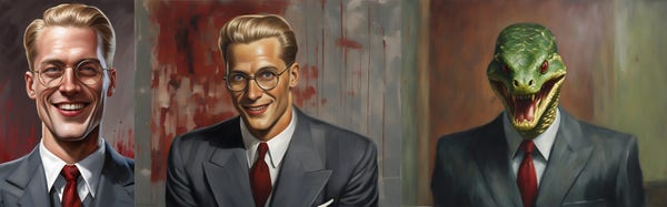 Three AI-generated images of Vogerath. In all three images, he wears a gray suit and blood-red power tie.

(Left) A shot focused on just the head of the man and he smiles evilly, very pleased with himself. There's fresh blood on the wall behind him.

(Middle) A wider-framed shot, in which he's still smiling, but the grin isn't quite so wide and the blood on the wall is more smeared than spattered.

(Right) The blood on the wall is long dry and Vogerath has dropped the Illusion of humanity he normally portrays, revealing his true nature as a snake demon.