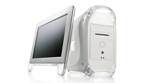 A promo photo of a Power Mac G4 in an all-white case.