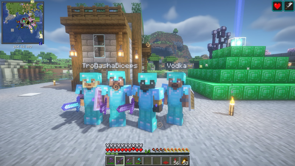 Minecraft screenshot with 4 people including the OP with a beacon in background and a small house like structure 