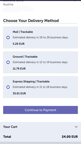 screenshot of the webshop's shopping cart, listing the shipping options to Europe. They are quite expensive and slow.