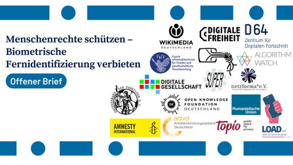 Bild mit dem Text: Menschenrechte schützen - biometrische Fernidentifizierung verbieten. Und eine Vielzahl von Logos von NGOs