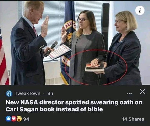 New NASA director swearing in on a Carl Sagan book, not the bible.