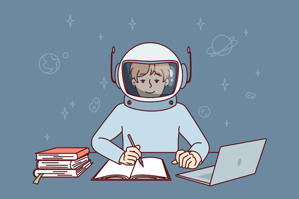 Illustration of boy wearing a space helmet and working with notebook and laptop