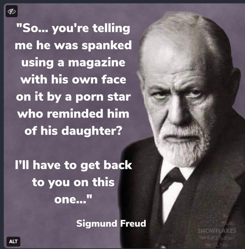 photo of Sigmund Freud with these words."So . . . you're telling me he was spanked using a magazine with his own face on it by a porn star who reminded him of his daughter? I'll have to get back to you on this one."