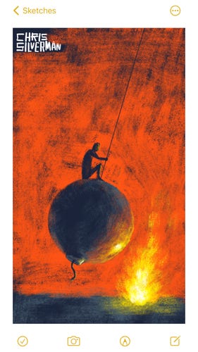 A giant, spherical cartoon bomb, fuse pointed down, is attached to a long, thin cord, swinging back and forth like a wrecking ball. In this image, the bomb is caught at the left end of the swing, about to swing back. Its path will take it through a small bonfire, through which the fuse will also pass. Sitting on top of the bomb is a small human figure. The ground is steely black, the same color as the bomb; the background is fiery orange red.