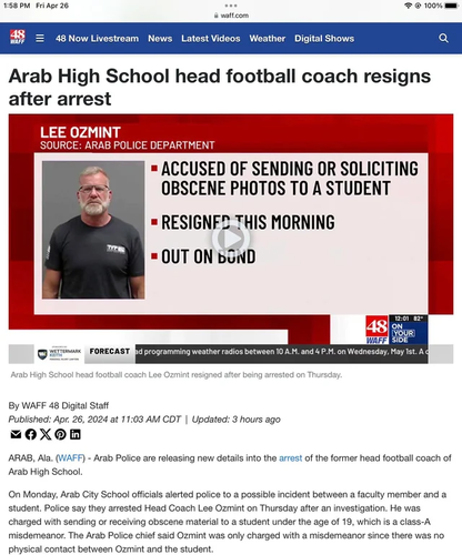 Image of a middle-aged white male (Lee Ozmint) illustrating an article titled, "Arab High School head football coach resigns after arrest."

Arab (pronounced Ay-rab) is a small city in Alabama. Accompanying the image are bullet points: Accused of sending or soliciting obscene photos to a student; resigned this morning; out on bond