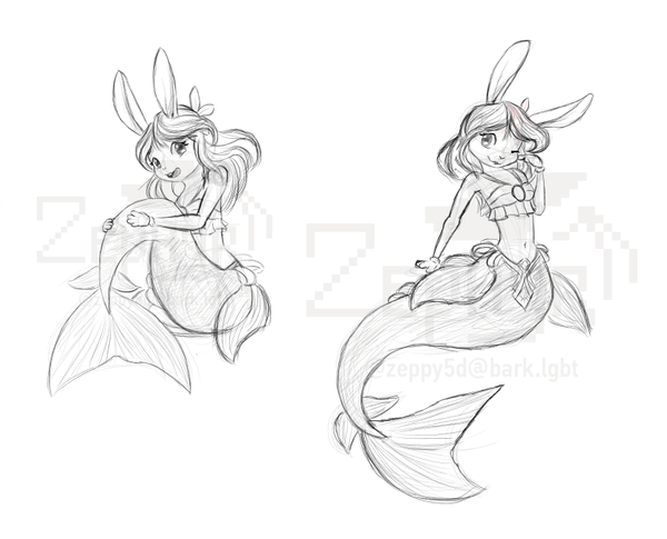 Two sketches of the same mermaid bunny. Its an anthropomorphic bunny mermaid girl with a long hair, shiny eyes, a belt on her waist with a gem and a rune of water written on the bottom of it. On the left, she's sitting and holding her tail like a hug. On the right, she's doing a cute pose with a wink face.