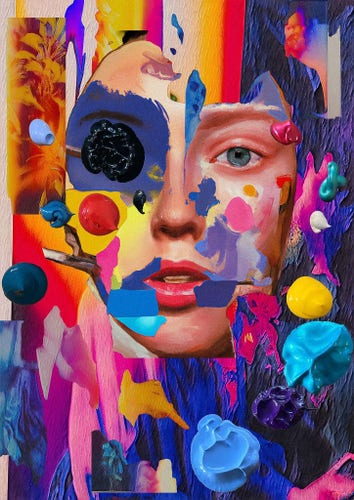 A mixed media artwork featuring a woman's face juxtaposed with collage elements and colorful brush strokes.