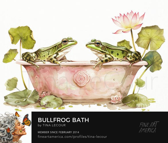 This is a watercolor of a pair of bullfrogs taking a bath in a pink tub with lotus flowers.