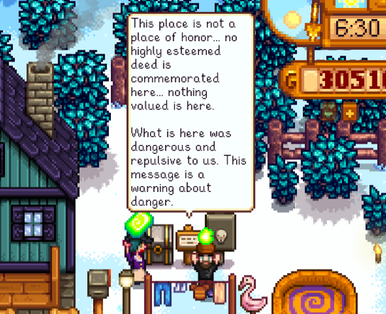 Mine and Gella's Stardew Valley Characters standing in front of a stone chest with two signs next to it. One with a skeleton face on it, the other is a text sign with a portion of the Sandia Long-Term Nuclear Waste Warning message written on it. We're both holding "radioactive ore" above our heads. 