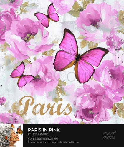 This is a mixed media piece of some the pretty bright pink butterflies against a pink and white floral background with the text "Paris" in bronze colored letters.
