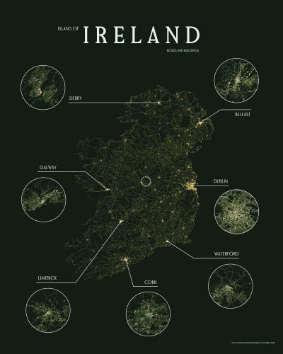 A visualisation of roads and buildings of the island of Ireland