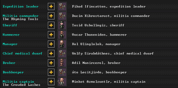 dwarf fortress screenshot of nobles and administrators tab, with 4 of 9 positions filled by wolf people