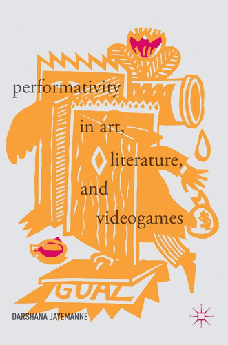 The image is the cover of a book titled "Performativity in Art, Literature, and Videogames" by Darshana Jayemanne. The cover is designed with a striking orange and white color scheme, featuring abstract shapes and symbols that evoke a sense of creativity and exploration within the fields of art, literature, and video games.

The title is broken into three lines, emphasizing each of the key areas the book likely discusses: "performativity," "in art, literature," and "and videogames." This suggests that the book examines the concept of performativity across these different cultural mediums.

At the bottom of the cover, the author's name, Darshana Jayemanne, is presented in white font, standing out against the orange background. Additionally, there is a symbol resembling a molecule or a simple abstract representation of connections, which could imply the interconnected nature of the topics discussed within the book.